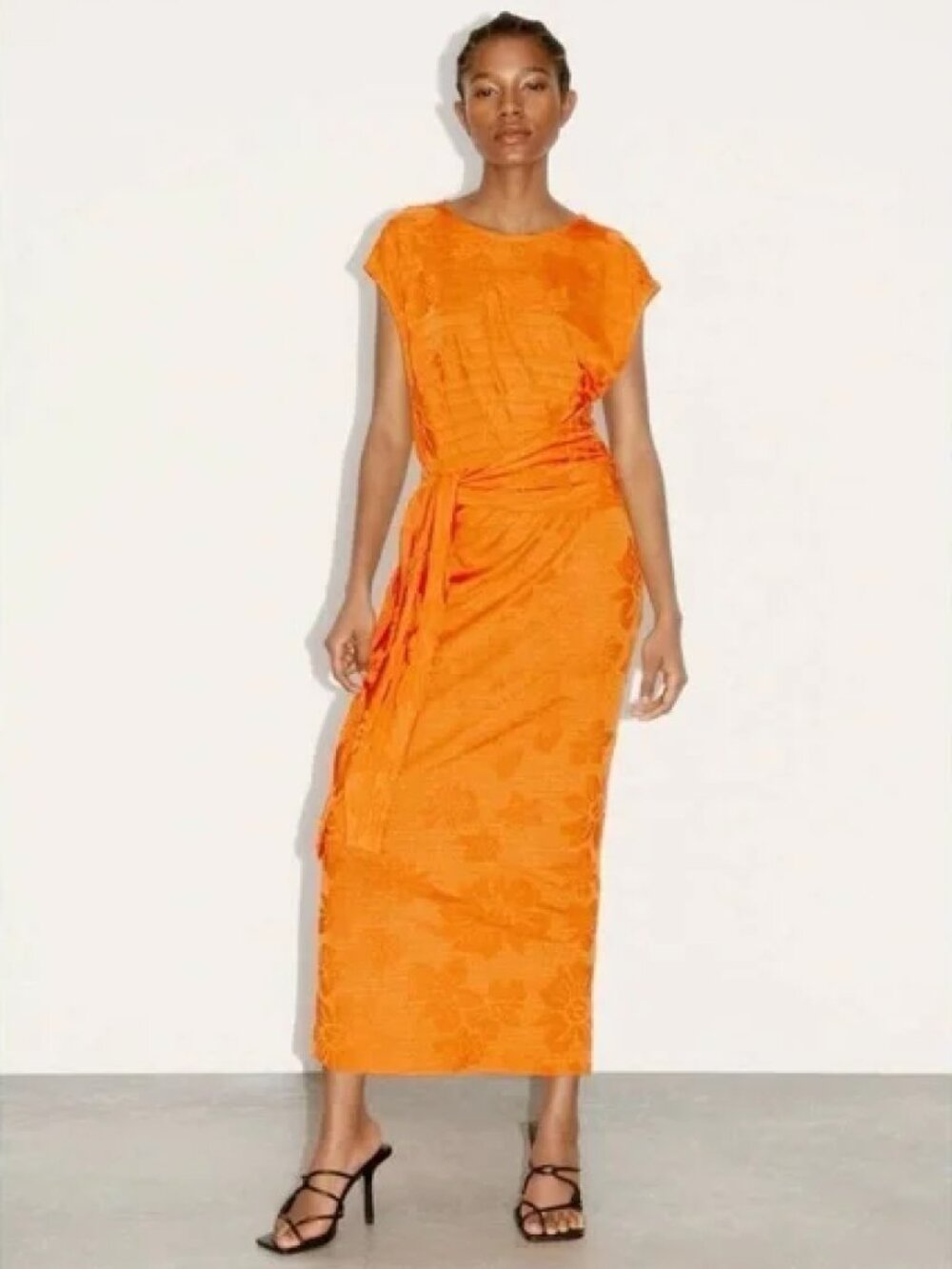 Zara Orange Floral Jacquard Knit Midi Dress | M